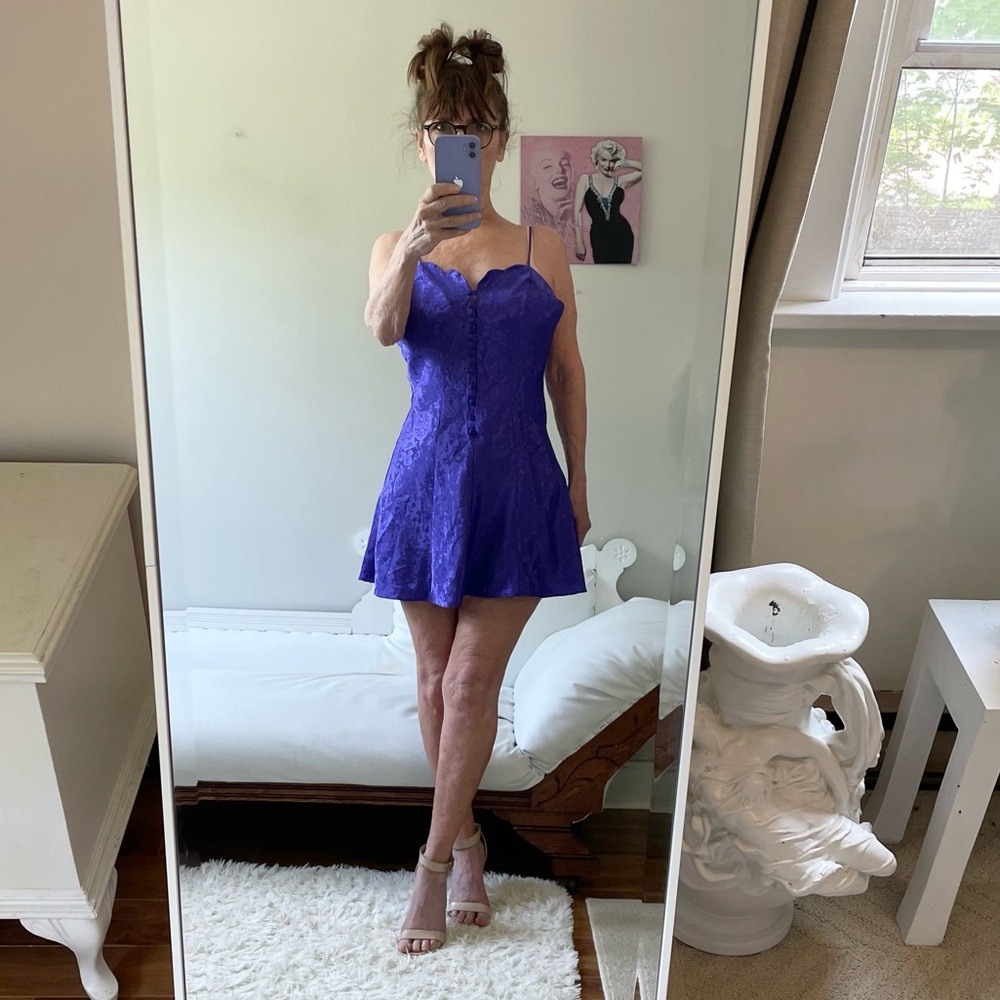 PURPLE FLORAL EMBOSSED CHEMISE BUTTON FRONT ADJUSTABLE STRAPS SATINY FINISH